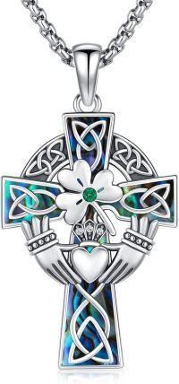 wholesale 925 Sterling Silver Celtic Cross Pendant with Abalone Shell and Green CZ Gemstone for Men & Women - Christian Religious s-Claddagh Cross-Abalone