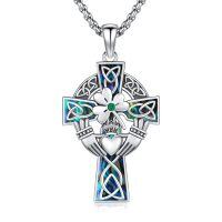 wholesale 925 Sterling Silver Celtic Cross Pendant with Abalone Shell and Green CZ Gemstone for Men & Women - Christian Religious s-Claddagh Cross-Abalone