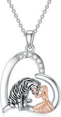 wholesale 925 Sterling Silver Heart-Shaped Pendant with Tiger and Girl Design Necklace-0-0