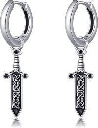 wholesale 925 Sterling Silver Celtic Knotwork Sword Huggie Hoop Earrings for Women Men 3D Animal Design  Set of 4 Pairs-celtic sword