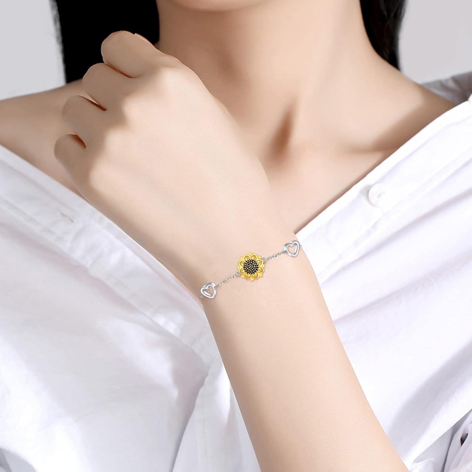 wholesale 925 Sterling Silver Heart & Sunflower Charm Bracelet for Women-0-2