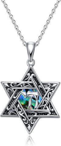 wholesale 925 Sterling Silver Star of David Necklace with Abalone Shell and Black CZs on 30 Rope Chain-Chai