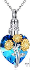 wholesale 925 Sterling Silver Heart-Shaped Sunflower Urn Keepsake Locket Necklace with Blue Crystal and Funnel Gift Set-0-0