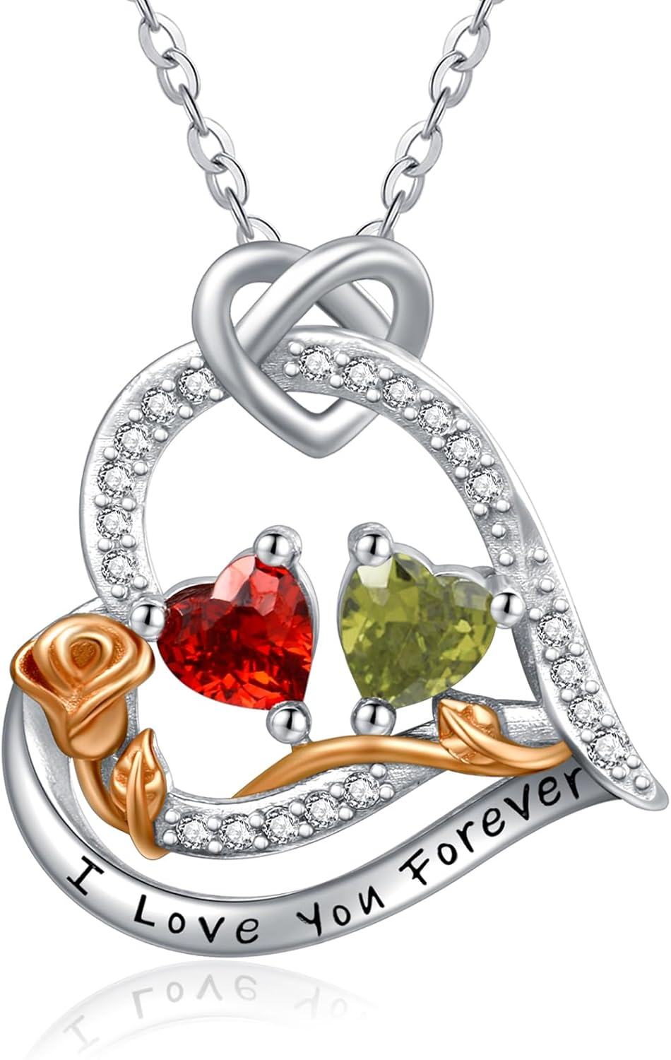 Sterling Silver 2 Birthstones Rose Heart Necklace for Women -01-08-Jan-Aug