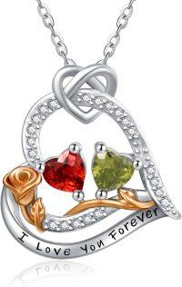 wholesale  Sterling Silver 2 Birthstones Rose Heart Necklace for Women -01-08-Jan-Aug