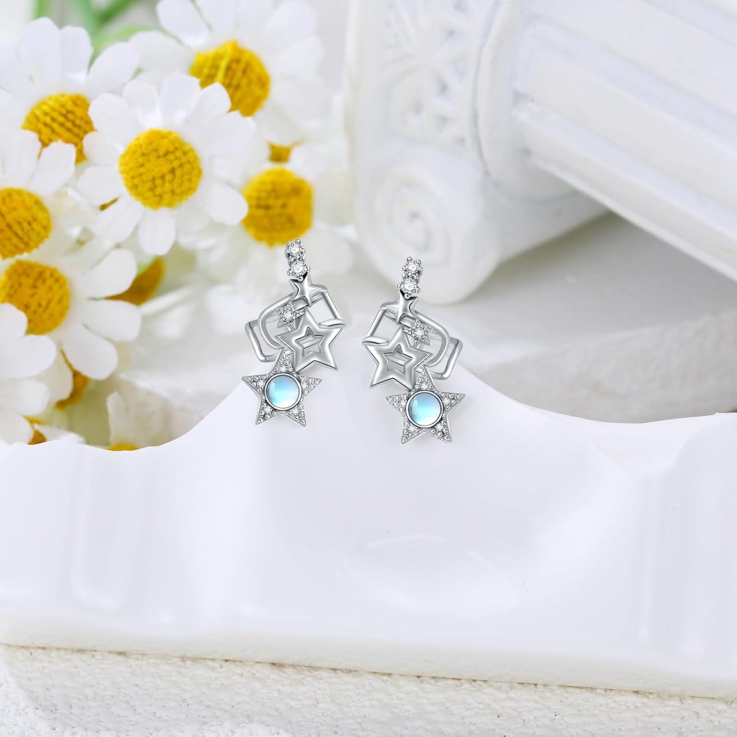 925 Sterling Silver Star Moonstone Studs with Cubic Zirconia for Non-Pierced Ears-0-2