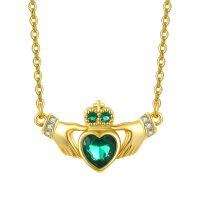 wholesale 925 Sterling Silver Claddagh Heart Necklace Wholesale With Emerald And Crystal Details-Gold