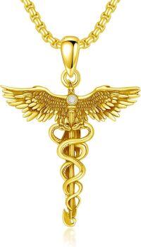 wholesale  Sterling Silver Caduceus Phoenix Pendant Necklace for Men Doctor Nurse Medicine Themed Jewelry Gift -3-Gold Plated