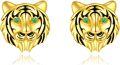 wholesale Gold 925 Sterling Silver Tiger Head Stud Earrings with Green Eyes and Black Stripes-0-0