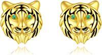 wholesale Gold 925 Sterling Silver Tiger Head Stud Earrings with Green Eyes and Black Stripes-Tiger