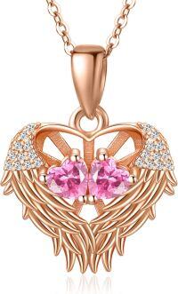 wholesale Sterling Silver 2 Birthstones Angel Wings Necklace for Women-10-10-Oct-Oct