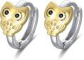 wholesale 925 Sterling Silver Owl Huggie Earrings with Black CZ Eyes and Gold Plating for Women Girls  48x36mm-0-0