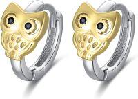 wholesale 925 Sterling Silver Owl Huggie Earrings with Black CZ Eyes and Gold Plating for Women Girls  48x36mm-Owl