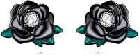 wholesale Gold 925 Sterling Silver Rose Stud Earrings with Cubic Zirconia and Green Leaves for Women's Gifts - Perfect for Birthdays & Holidays-Black