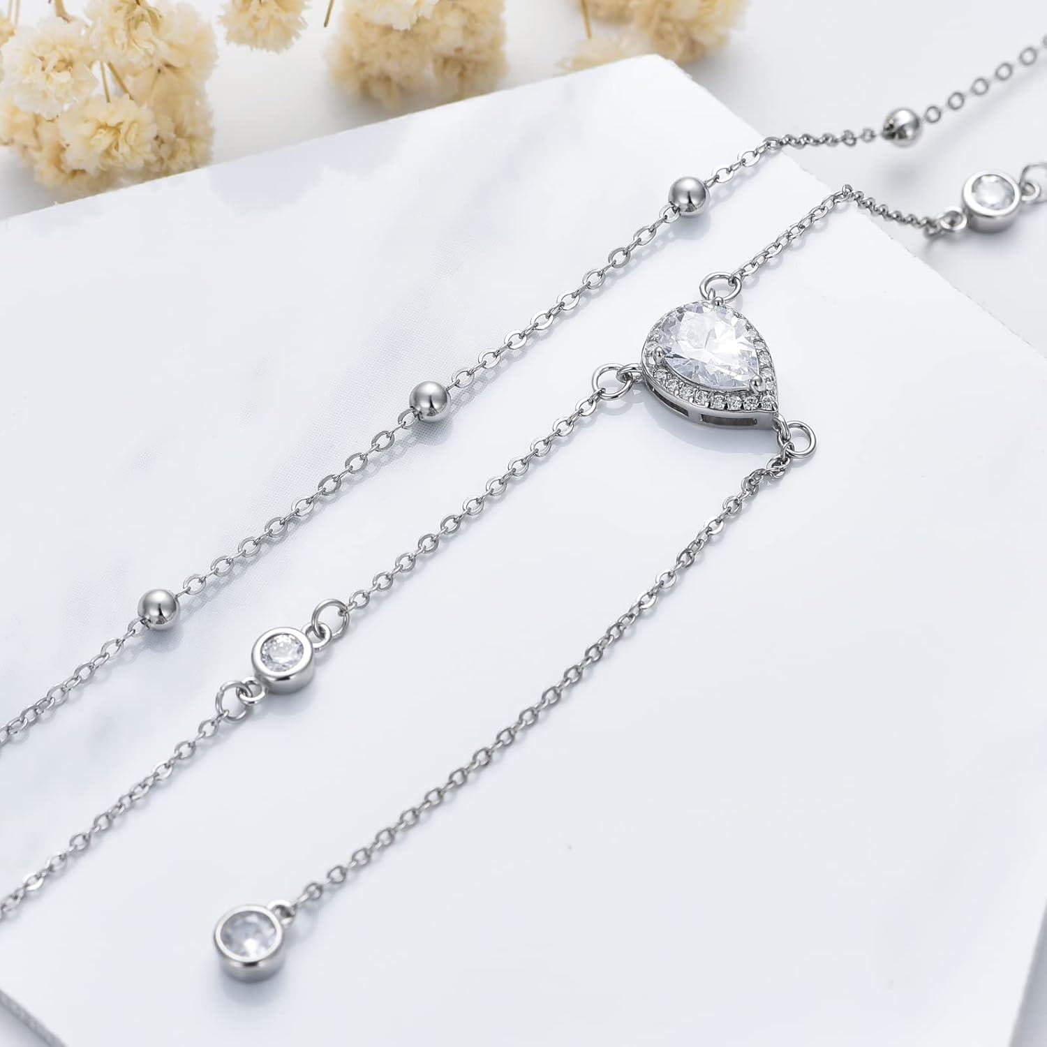 925 Sterling Silver CZ Pear Shape Beaded Double Chain Y-Necklace Christmas Gift for Her-0-3