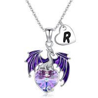 wholesale 925 Sterling Silver Purple Dragon Heart Crystal Necklace Wholesale With Initial J Charm-R