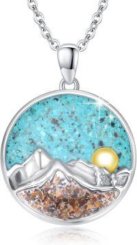 wholesale 925 Sterling Silver Round Turquoise and Agate Mountain Scene Pendant Necklace-K-Turquoise Mountain