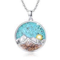 wholesale 925 Sterling Silver Round Turquoise and Agate Mountain Scene Pendant Necklace-K-Turquoise Mountain