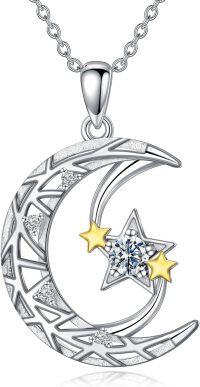 wholesale 925 Sterling Silver & Yellow Gold-Plated Crescent Moon with Stars Pendant Necklace for Women-Moon Star