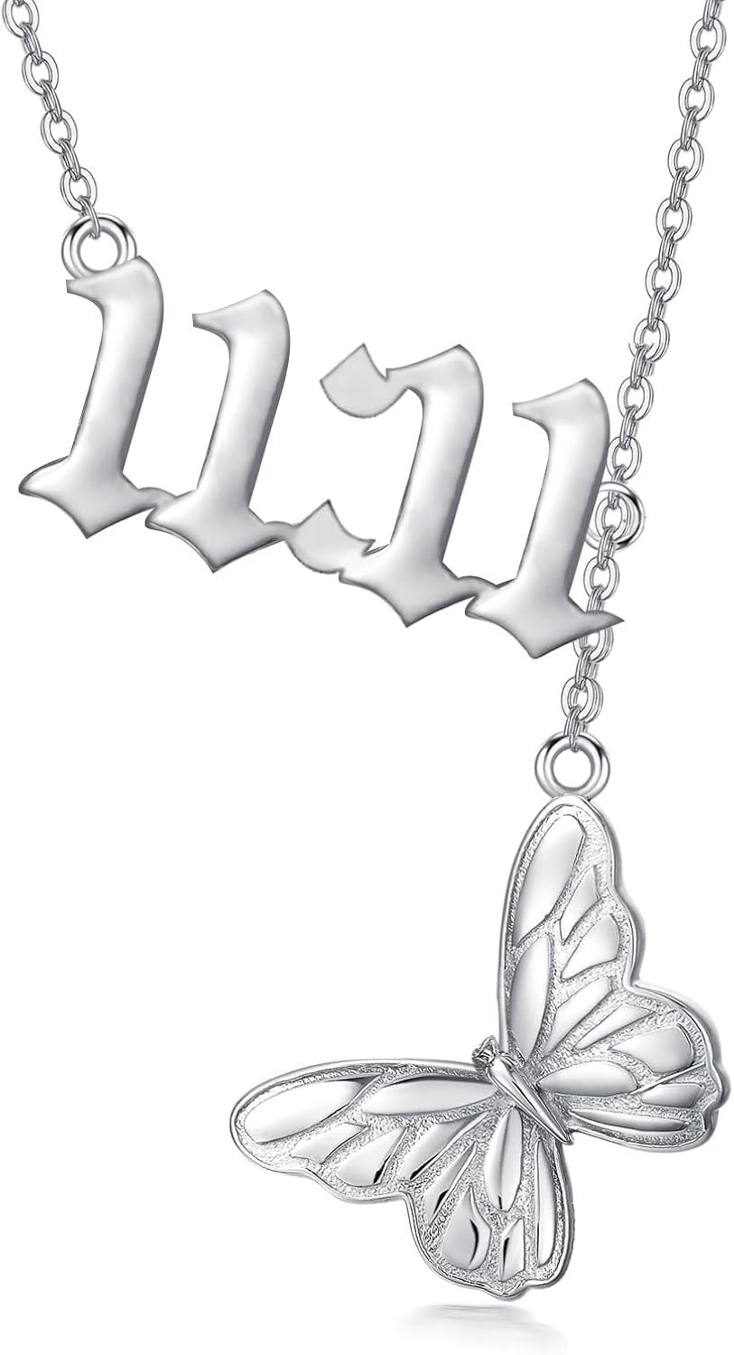 925 Sterling Silver Angel Number Lariat Necklace with Butterfly Pendant - 11:11 & 333/444 Design-0-0