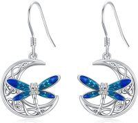 wholesale 925 Sterling Silver Blue Enamel Celtic Moon Dragonfly Dangle Earrings Irish  for Women Girls-Silver