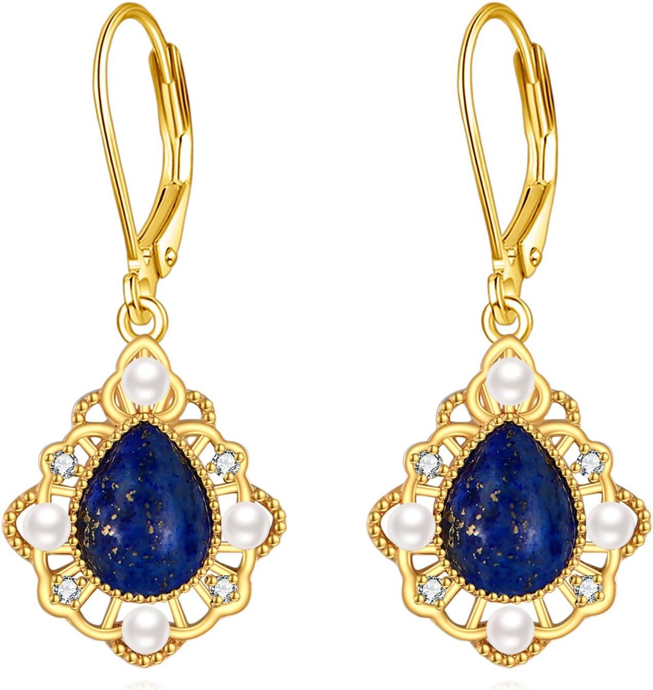 Sterling Silver Lapis Turquoise Onyx Agate Dangle Drop Leverback Earrings Western Boho Vintage Jewelry-Lapis Lazuli