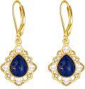 wholesale Gold 925 Sterling Silver Lapis Lazuli Pearl Gemstone Dangle Drop Leverback Earrings - Western Bohemian Vintage Style Jewelry-0-0