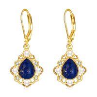 wholesale Gold 925 Sterling Silver Lapis Lazuli Pearl Gemstone Dangle Drop Leverback Earrings - Western Bohemian Vintage Style Jewelry-Lapis Lazuli
