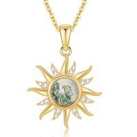 wholesale 14K Gold Moss Agate and Moissanite Sun Pendant Necklace for Women-Yellow Gold-Moss Agate