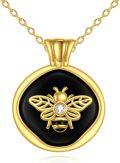 wholesale 925 Sterling Silver Round Black Onyx Honeybee Pendant Necklace with Cubic Zirconia Stone for Women Girls  43mm Diameter Chain Length: Adjustable from 16 to 18 inches-0-0