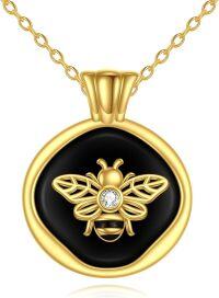 wholesale 925 Sterling Silver Round Black Onyx Honeybee Pendant Necklace with Cubic Zirconia Stone for Women Girls  43mm Diameter Chain Length: Adjustable from 16 to 18 inches-Black Onyx Bee Necklace