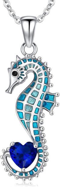 wholesale 925 Sterling Silver Birthstone Blue Seahorse Heart Pendant Necklace-September