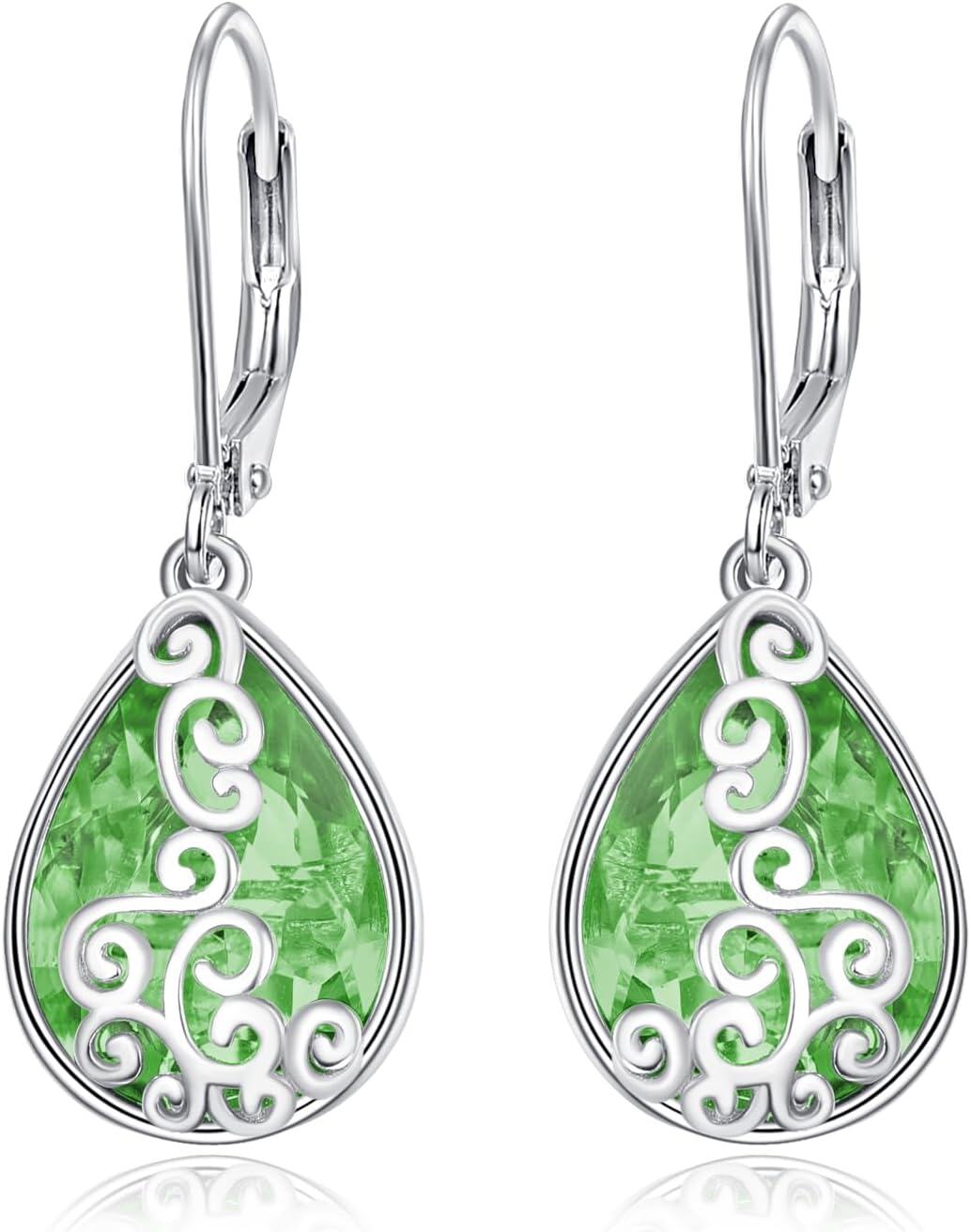 Sterling Silver Birthstone Teardrop Leverback Dangle Earrings-peridot