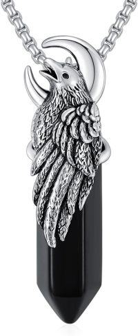 wholesale 925 Sterling Silver Black Onyx Raven Moon Pendant Necklace  Gothic Jewelry for Men & Women-D01-Obsidian Silver