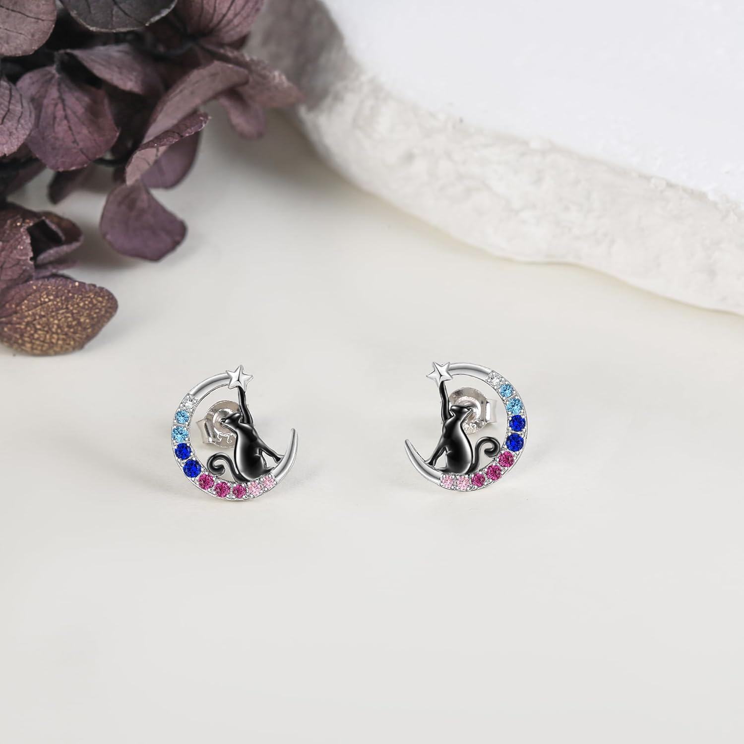  Sterling Silver Moon Cat Stud Earrings for Women Animal Earrings -0-3