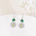 wholesale 925 Sterling Silver Daisy Drop Earrings with Green Leaves and Gold Center Floral s for Women Girls-0-2