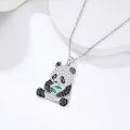 wholesale 925 Sterling Silver CZ Pendant Necklace - Cute Panda Design with Green Leaf Accents-0-2