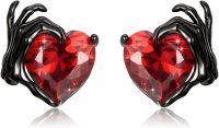 wholesale  925 Sterling Silver Heart Stud Earrings w/Red Crystal & Black Claw Design - Gothic Jewelry for Women & Men-Skull Hand Stud Earrings