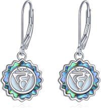 wholesale 925 Sterling Silver Abalone Shell Om Symbol Lotus Chakra Drop Earrings for Women-Blue-Aquamarine