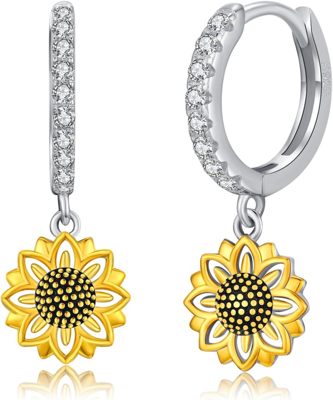 wholesale 925 Sterling Silver Sunflower Pendant Huggie Hoop Drop Earrings with Cubic Zirconia and Black Enamel Center-0-0