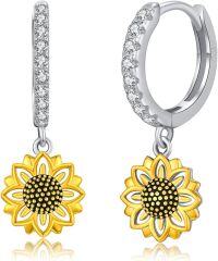 wholesale 925 Sterling Silver Sunflower Pendant Huggie Hoop Drop Earrings with Cubic Zirconia and Black Enamel Center-Sunflower Dangle Hoop Earrings