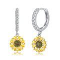wholesale 925 Sterling Silver Sunflower Pendant Huggie Hoop Drop Earrings with Cubic Zirconia and Black Enamel Center-0-0