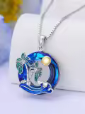TOUPOP Sterling Silver Crystal Ocean Palm Tree Wave Pendant Necklace-0-2
