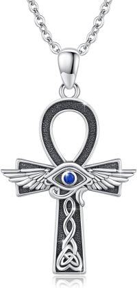 wholesale 925 Sterling Silver Egyptian Ankh Eye Of Horus Cross Winged Blue Stone Pendant Necklace For Men & Women-B-ANKE