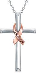 wholesale 925 Sterling Silver Breast Cancer Awareness Survivor Cross Pendant Necklace for Women-0-0
