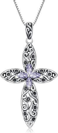 wholesale Sterling Silver 12 Birthstone Faith Cross Pendant Necklace for Women-Alexandrite