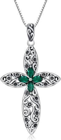 wholesale 925 Sterling Silver 12 Birthstone Faith Cross Pendant Necklace for Women-Emerald