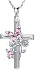 wholesale 925 Sterling Silver Pink Crystal Butterfly & Rose Cross Pendant Necklace Gift for Mom Wife Grandmother-0-18