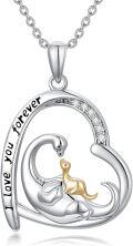 wholesale 925 Sterling Silver Dinosaur Mother & Baby Heart Pendant Necklaces - Cute s for Women-0-0