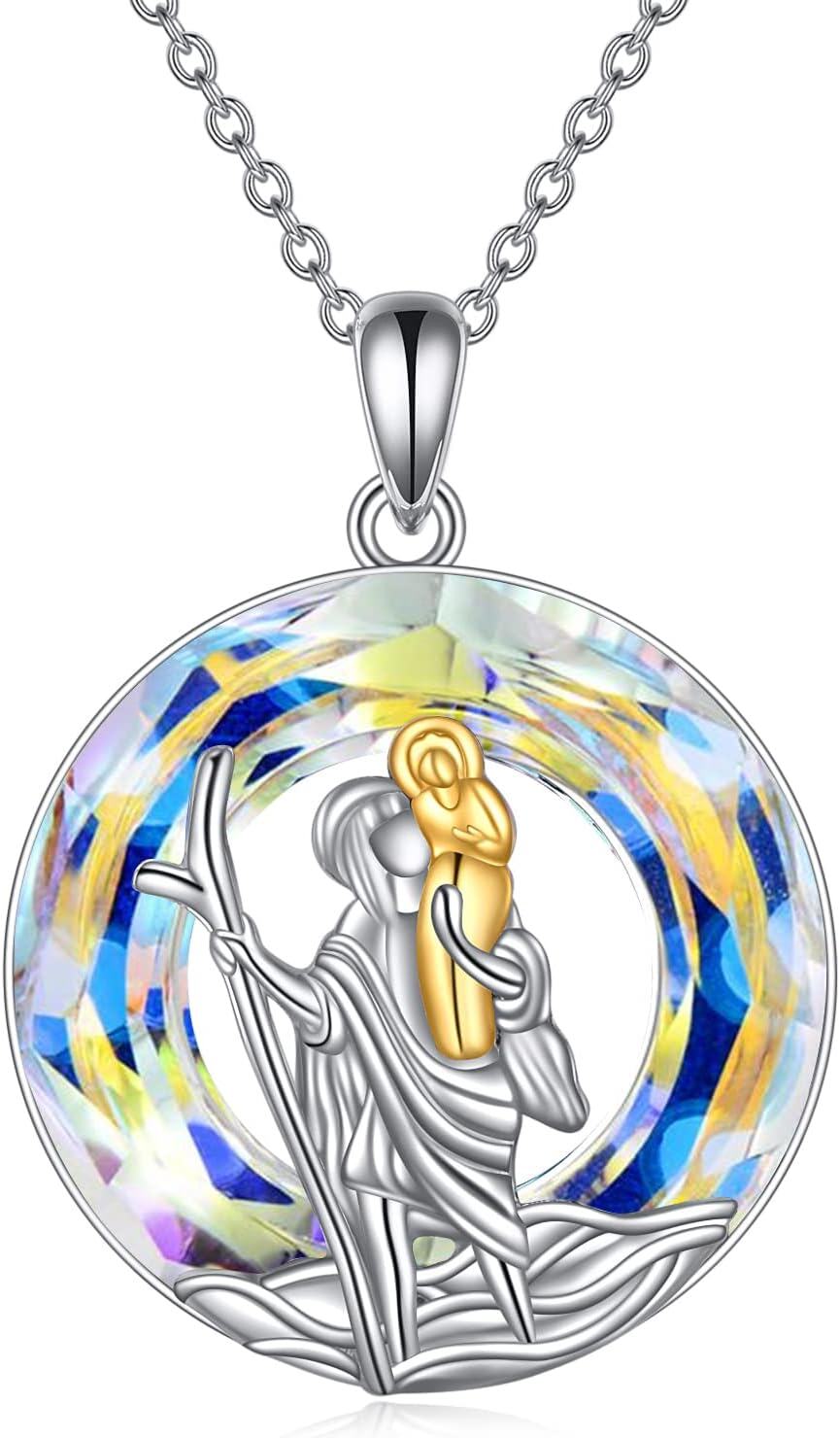 Sterling Silver Pokimi St Necklace for Women Men St Michael Benedict Christopher Protect Us Guardian Necklace-St Christopher-Aurore Boreale Circle Crystal